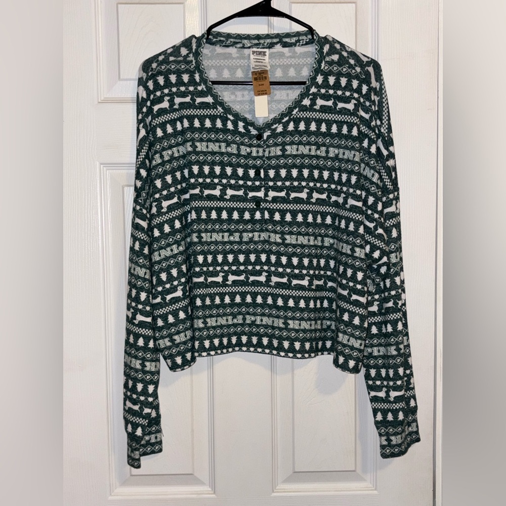 PINK by VS Holiday Patterned Long Sleeve  Sleep Top XL